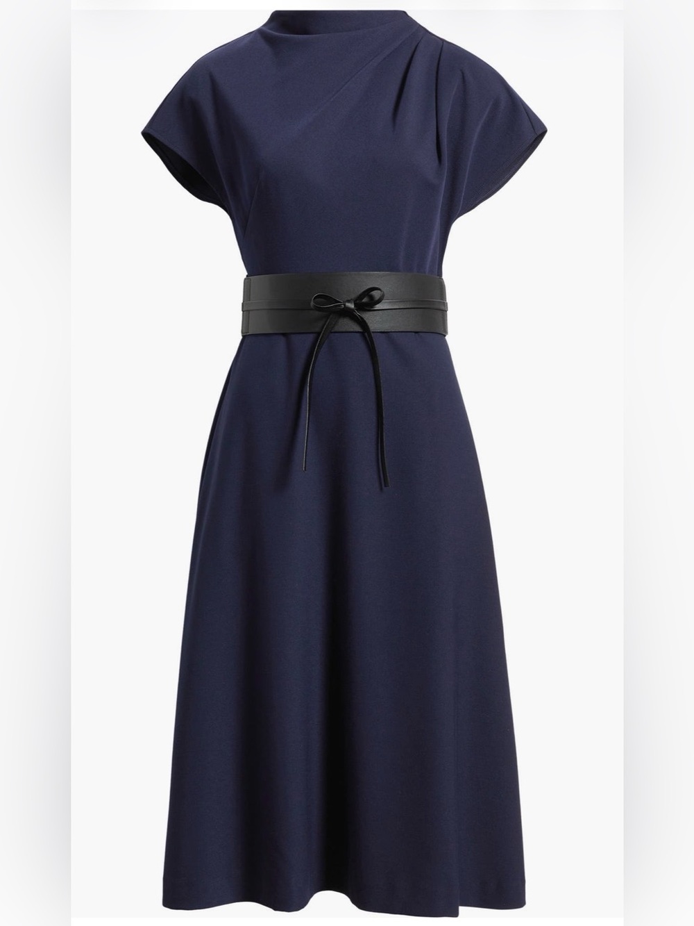 Eliza J $159 Funnel Neck Flared Midi belted dress in navy blue
